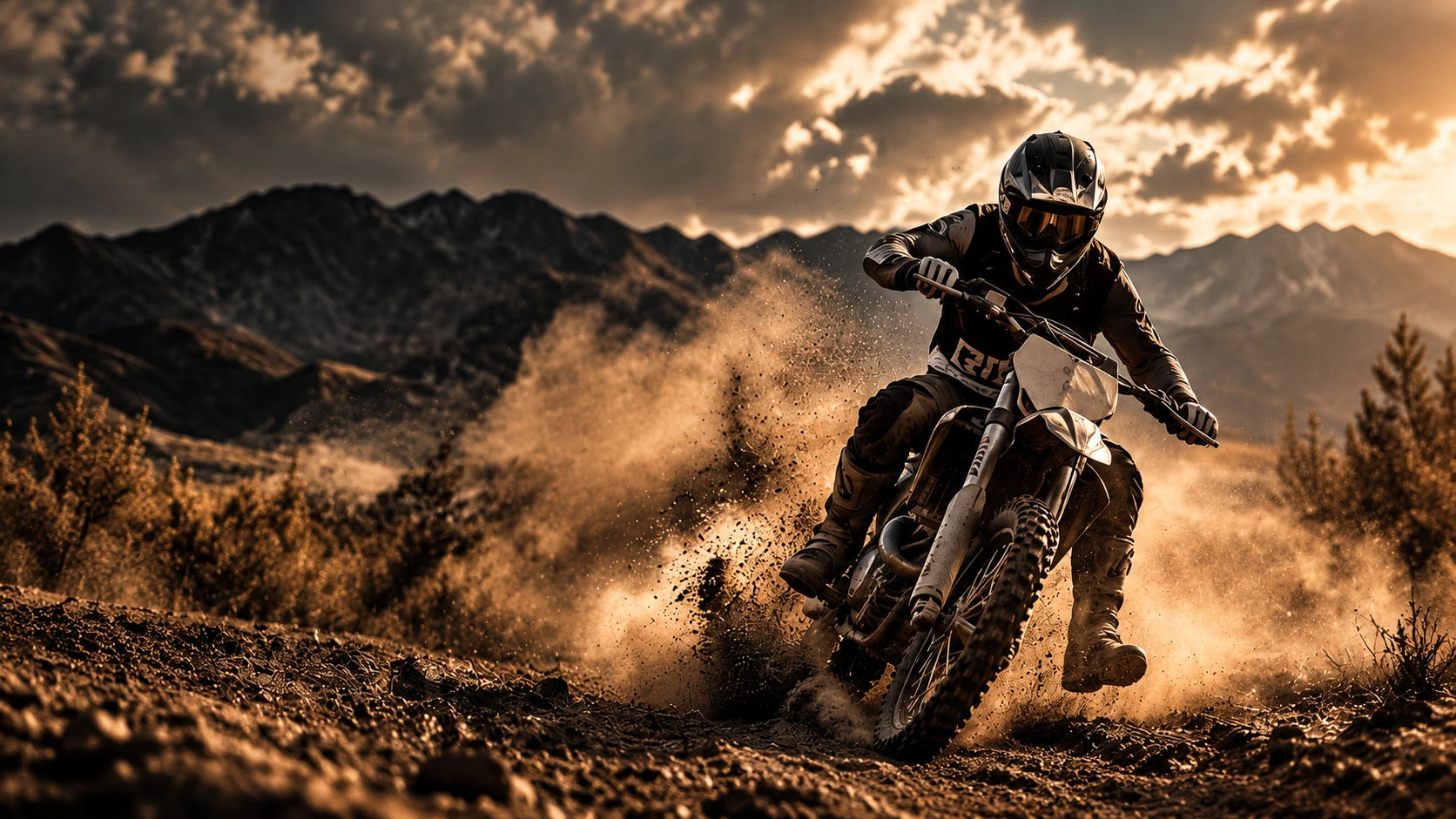 A dirt bike rider powering through a dusty mountain trail in warm evening light