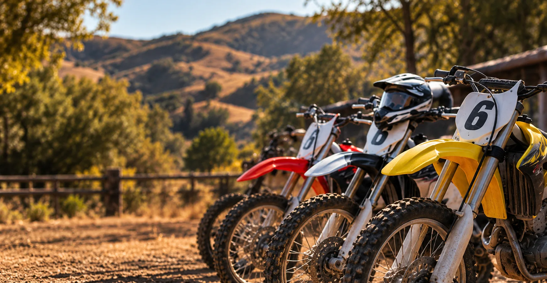 Dirt bikes lined up outdoors with a yellow motorcycle in the foreground and sunlit hills behind them